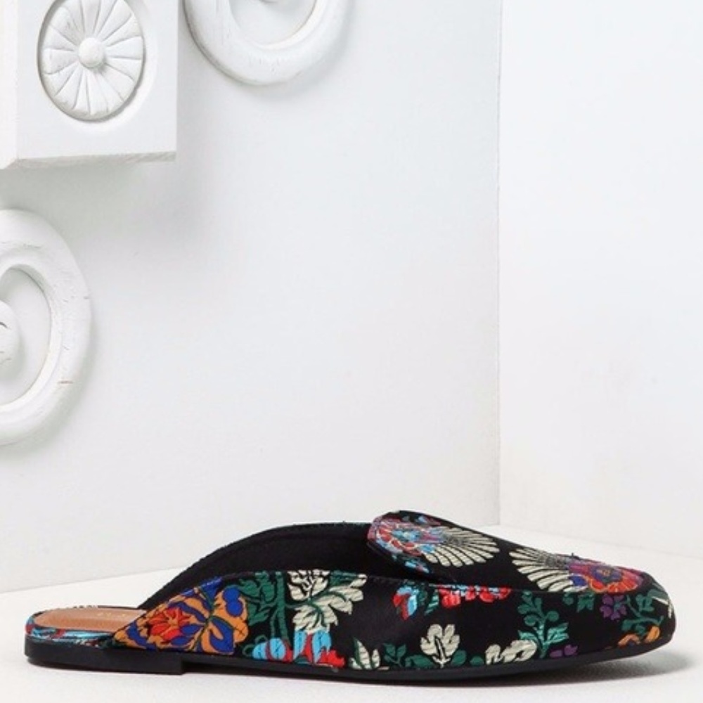 Embroidered Black Silky Floral Slides